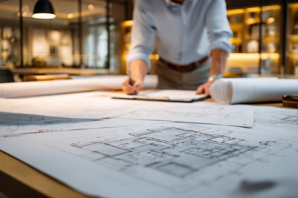 an architect reviewing schematic home plans on a large desk, modern residential blueprints spread out