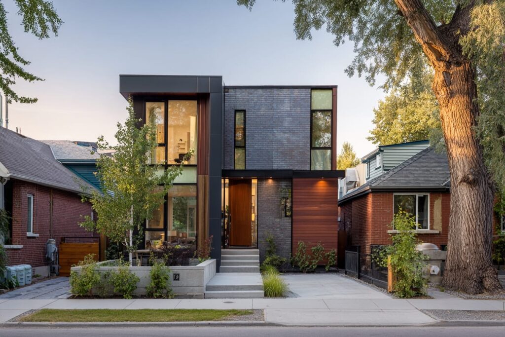 Modern custom home on a narrow lot showing a tight side yard condition