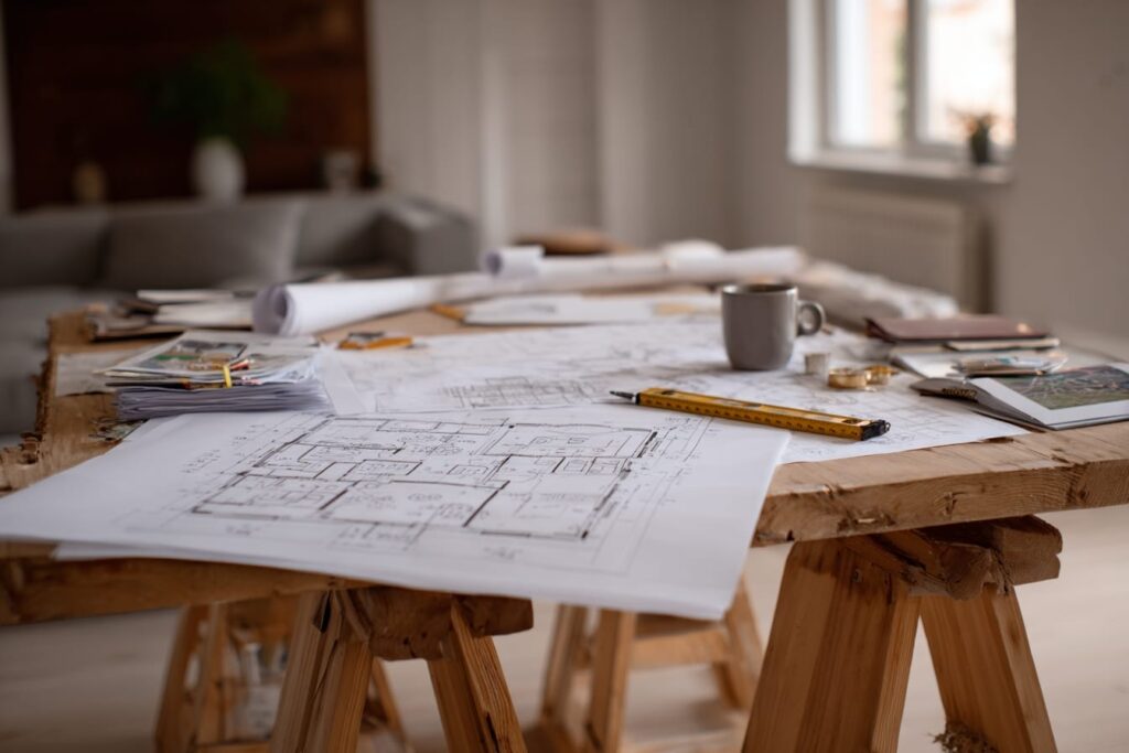 A builder desk covered in site surveys, site plans and grading plans