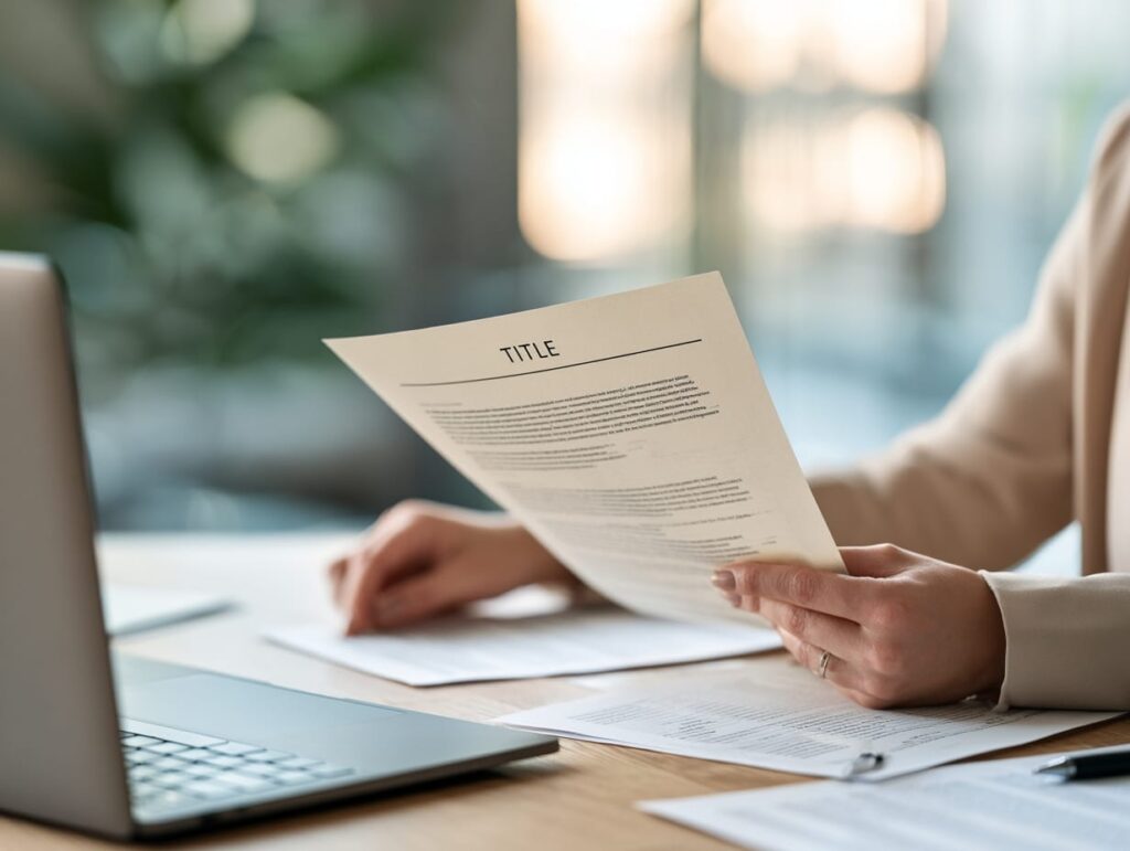 Hands reviewing printed property ownership documents beside an open laptop during a land title search in B.C.