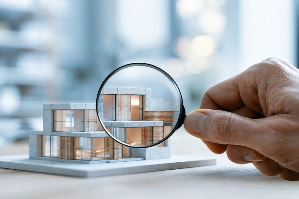 Overview of builder insurance and warranty checks with a magnifying glass over a model home