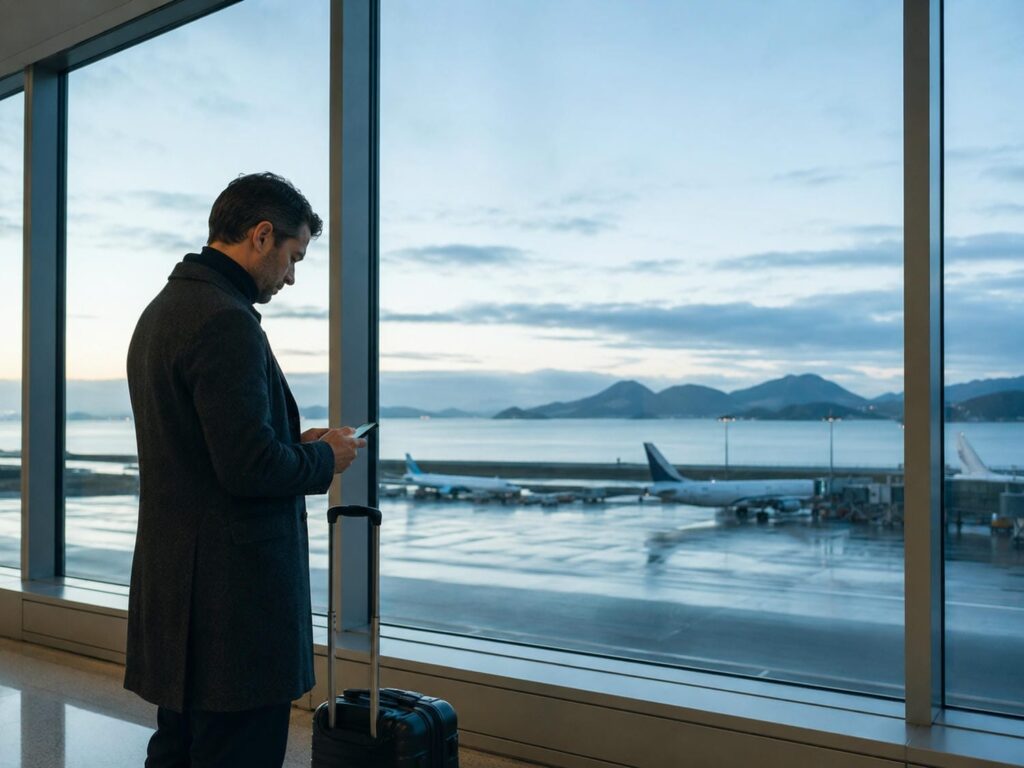 Business traveller with a cabin suitcase checking his phone at a wide airport window at dawn, with coastal mountains outside