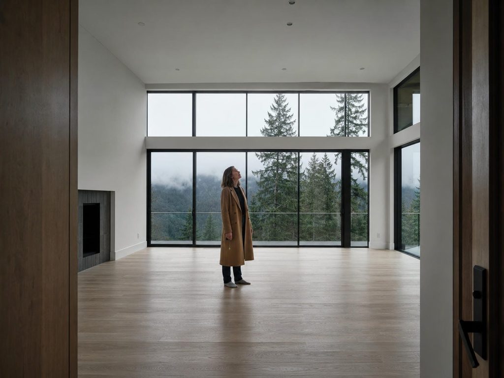 Woman in a long coat holding house keys in the empty living room of a newly finished custom home in British Columbia