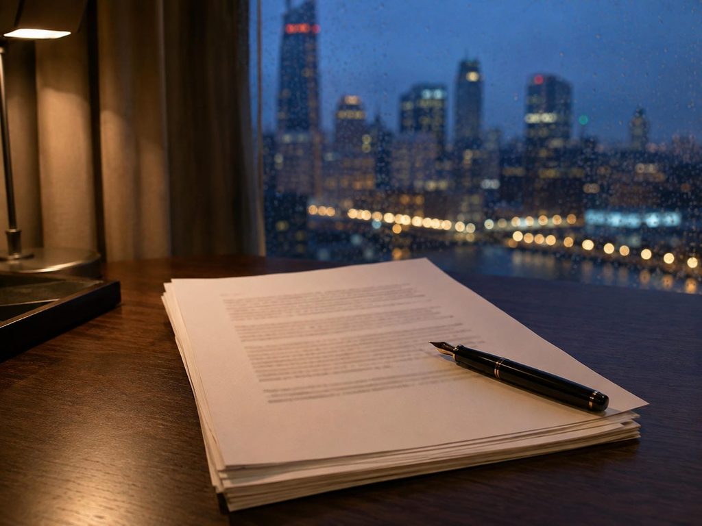 Printed paper documents and a fountain pen on a hotel room desk beside a window overlooking a city at dusk