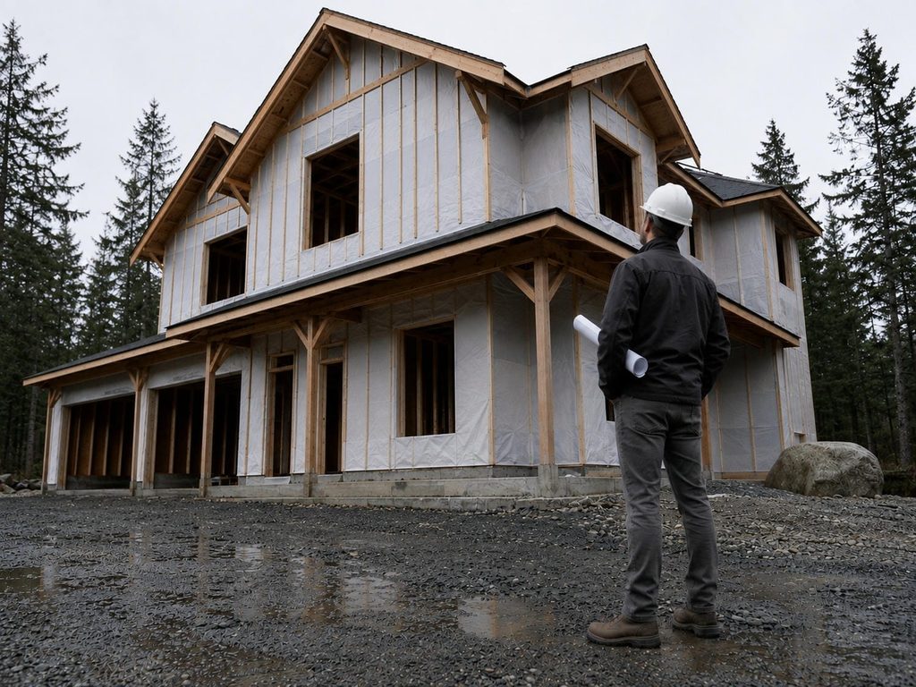 Inspector holding rolled plans outside a partly framed custom home on a wet West Coast morning