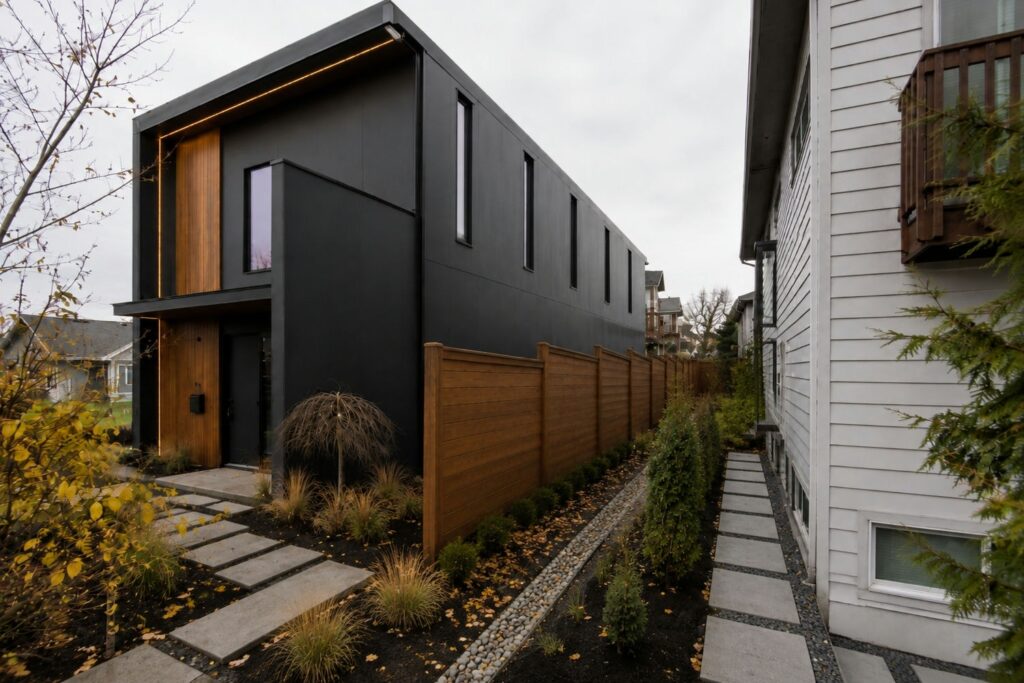 Contemporary custom home with a mostly solid side wall and small high windows facing a close neighbouring house in Greater Vancouver