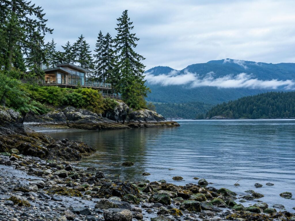 Waterfront property in BC with a contemporary home set on a treed bluff above a rocky tidal beach