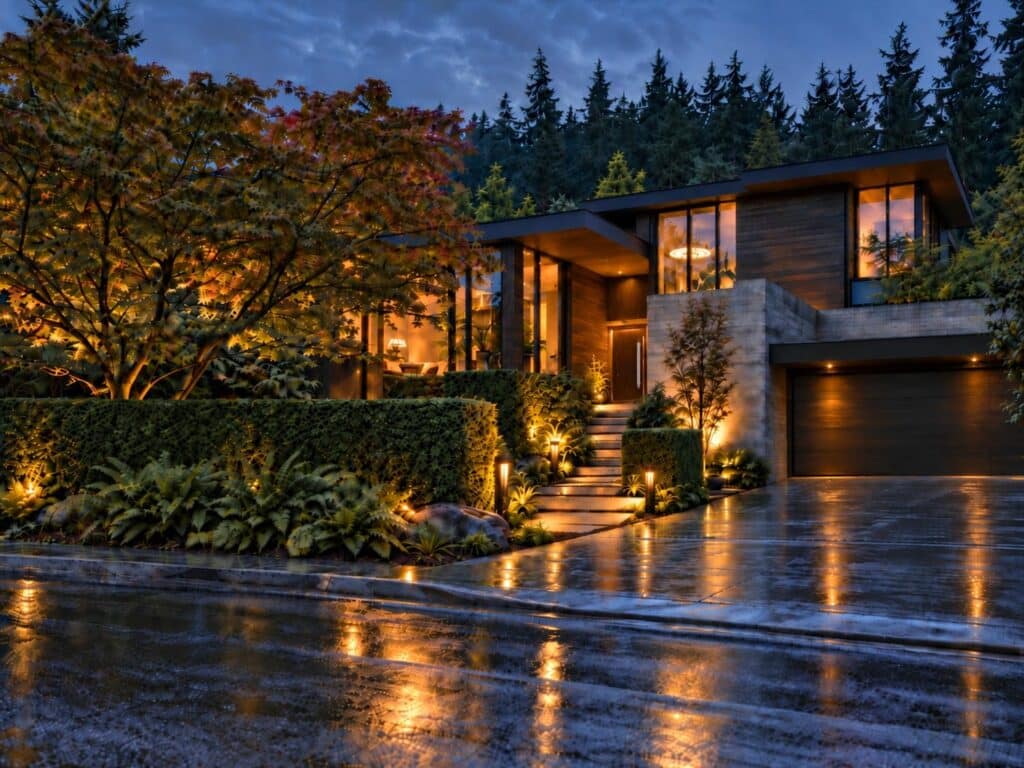 Modern west coast custom home at dusk behind mature hedging in Greater Vancouver, with warm light showing in a few windows