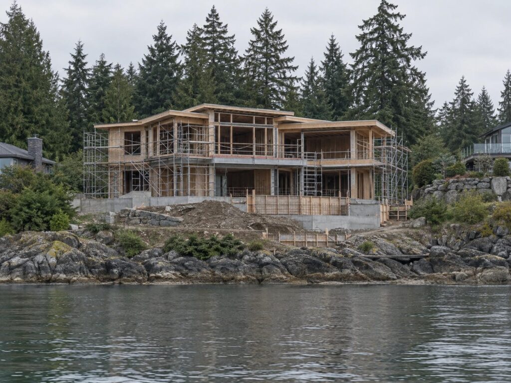 Waterfront custom home under construction on a Greater Vancouver shoreline lot with foundation work under way near the water