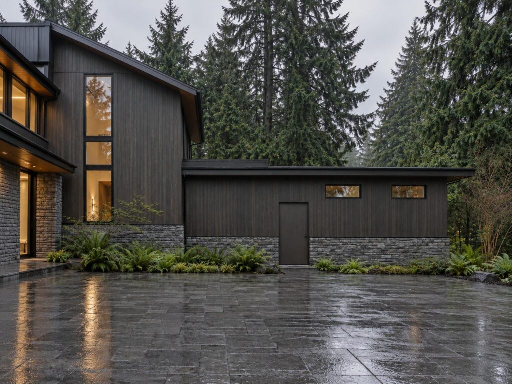 Service side of a modern cedar and stone custom home in Greater Vancouver, where a lower attached wing has its own plain entrance door onto a paved court