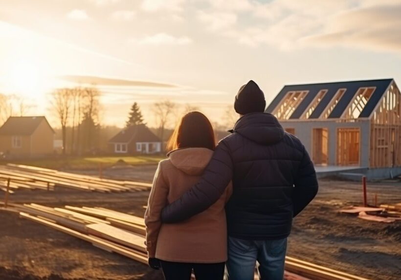 Smiling couple in wooden frame house under construction looking at their future home