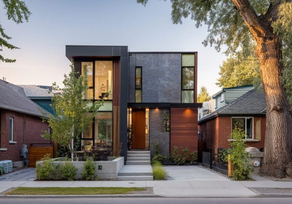 Modern custom home on a narrow lot showing a tight side yard condition
