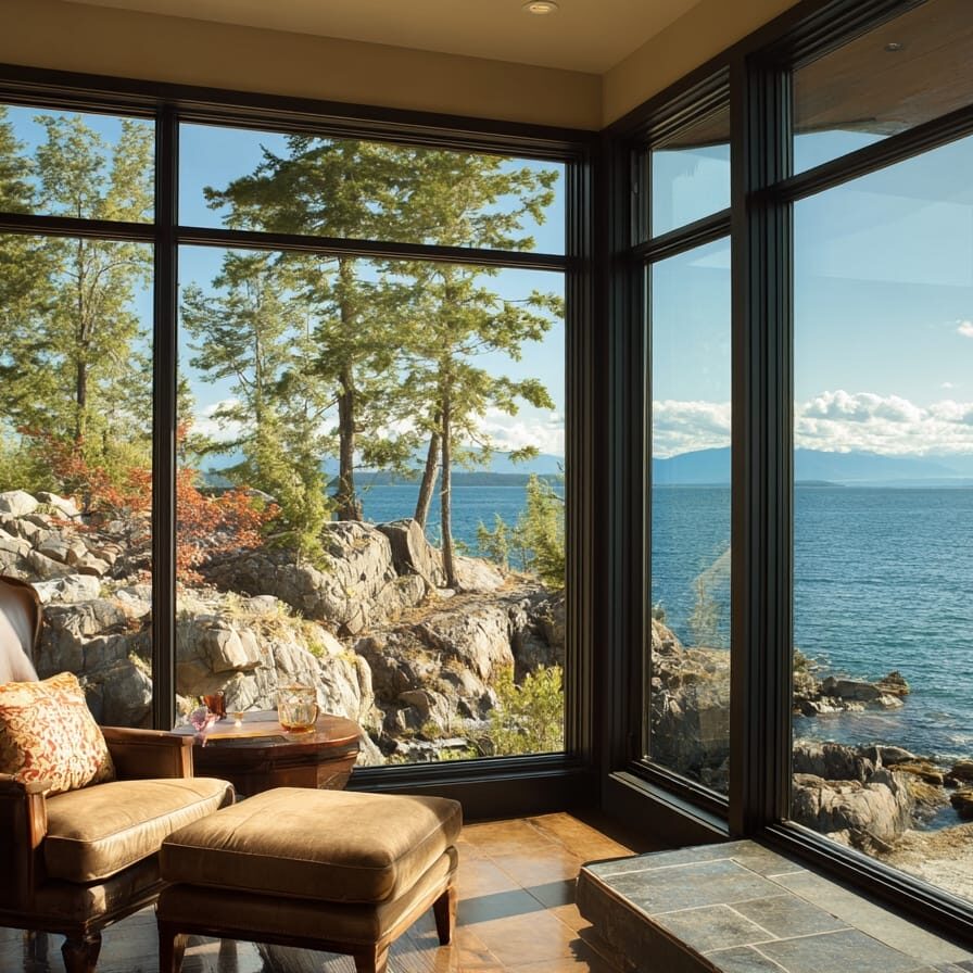 Ocean-view interior seating area in a modern coastal custom home in BC