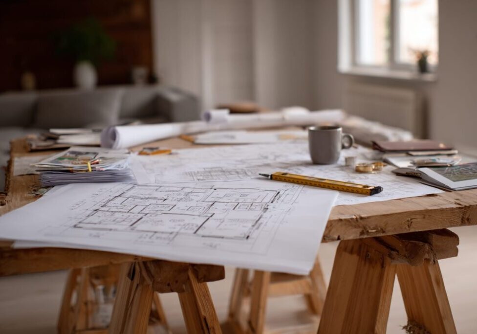 A builder desk covered in site surveys, site plans and grading plans