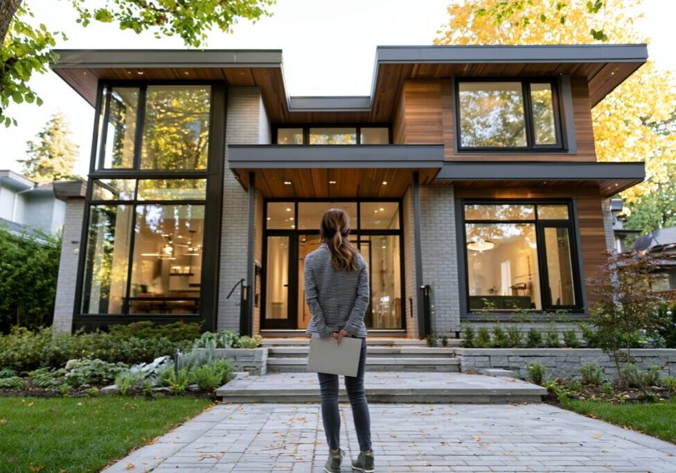 Homeowner reviewing paperwork to verify builder insurance and warranty coverage outside a new Burnaby custom home